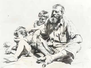 A drowned linear sketch father and children, fathers day concept