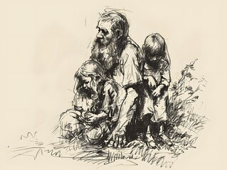 A drowned linear sketch father and children, fathers day concept