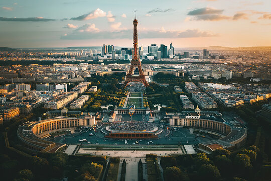 Fototapeta Majestic Eiffel Tower standing tall over Paris with panoramic city views in the golden hour light