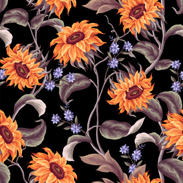 Seamless pattern with sunflowers and other wild flowers. Vector.