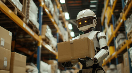Robot staff hold the package at stock shelf in storage.