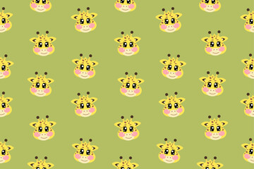 Seamless pattern with flat vector kawaii little cute yellow giraffe face or head for kids, baby, children nursery, fabrics on green background