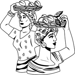 Women with baskets of coffee beans in black and white style illustration. Coffeehouse monochrome emblem and identity element, logo for coffee packaging.
