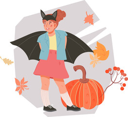 Child girl of preschool age in Halloween costume of bat. Child ready for Halloween party.
