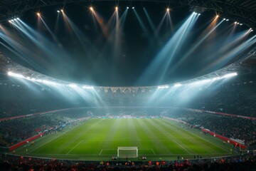 A grand football stadium filled with vibrant, shimmering lights illuminating the night sky.