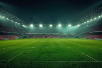 A soccer stadium illuminated by bright lights, showcasing a lush green field under a starry night sky.