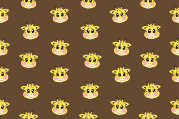 Seamless pattern with flat vector kawaii little cute yellow giraffe face or head for kids, baby, children nursery, fabrics on brown background	