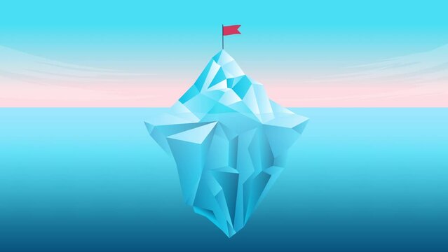Ice berg mountain with flag on top - Animated floating iceberg showing split level over and under water. Business and organisation strategy and change background in flat design vector animation