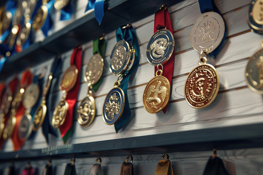 A well-organized display of elegant sports medals against a serene blue background, symbolizing prestige