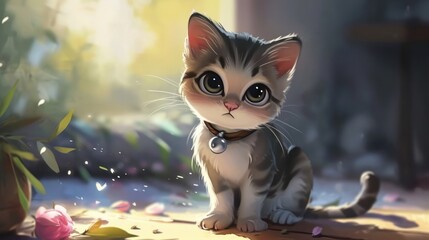A gray kitten with a bell on its neck sits. He has large round eyes and protruding ears. The kitten looks sad or disappointed. Several flower petals lie nearby. - obrazy, fototapety, plakaty