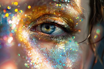 Close-up of a womans face with shimmering glitter accentuating her eyes, creating a mesmerizing and enchanting look.