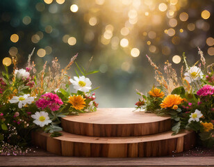 Wooden podium with colorful flowers. Platform for products promotion. Shimmering and brilliant background for fairy and fantasy concept.