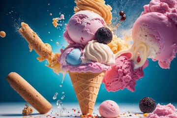 colorful, surreal, ice cream desserts against a blue background, perfect for summer-themed advertising. The desserts include a large waffle cone with ice cream - obrazy, fototapety, plakaty
