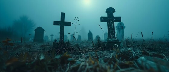 Mystical Fog over Silent Graveyard. Concept Fog Photography, Spooky Atmosphere, Graveyard Scenes, Mystical Landscapes - obrazy, fototapety, plakaty