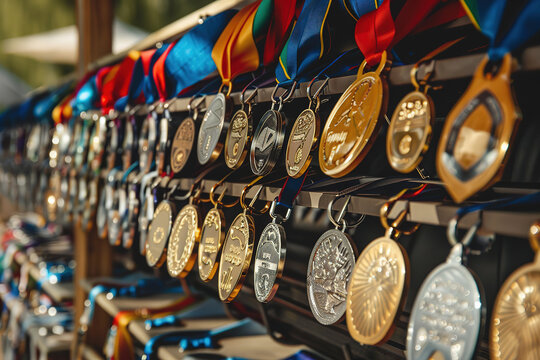 Sunlight casting over an assortment of gleaming sports medals displayed outdoors on a bright day
