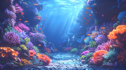 Colorful coral reef teeming with life. Colorful corals form whimsical shapes, among which schools of tropical fish dart