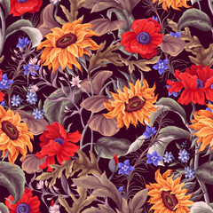 Seamless pattern with sunflowers, poppies and other wild flowers. Vector.