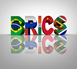 BRICS symbol as Brazil Russia India China and South Africa intergovernmental organization as emerging market countries as Egypt Ethiopia Iran and the United Arab Emirates as a geopolitical bloc.
