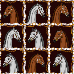 Seamless pattern with horse head and belts. Vector.