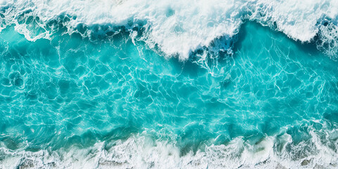Abstract background of white foam on turquoise ocean water. Summer vacation and travel concept.
