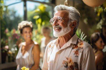 Elderly man with bright smile enjoying an event, radiating joy and celebration in a vibrant setting