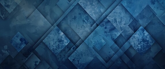 Abstract blue geometric background with diamond shapes and grunge texture, seamless pattern for web design or print presentation. Wide banner for advertising copy space. Dark blue wall wallpaper. - obrazy, fototapety, plakaty
