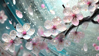 Beautiful cherry blossom petals dance magically against the glass background as the spring breeze blows through. - obrazy, fototapety, plakaty