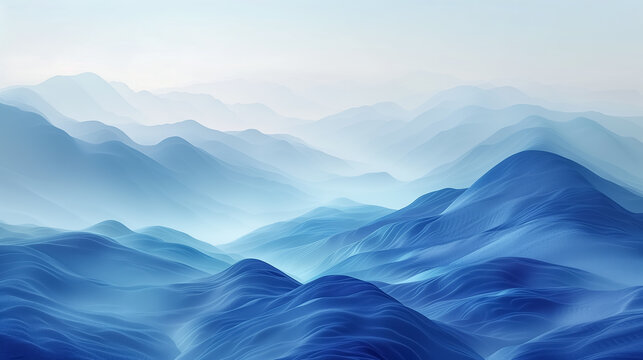 Aerial view of mountain landscape with blue colors, light fog and soft lighting. Copy space for text.