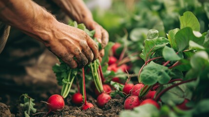 A man with dirty hands collects fresh radishes in the garden, close-up of his hands.