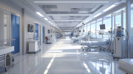 Modern hospital corridor with bright lighting