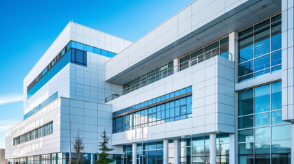 Modern hospital building exterior under clear sky