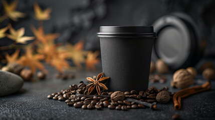Black Coffee Cup with Aromatic Spices and Autumn Leaves, Seasonal Beverage Concept
