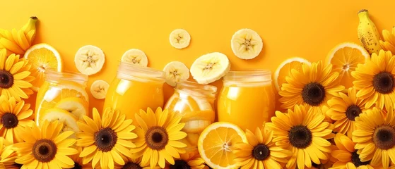 Foto op Plexiglas  one holding bananas, another filled with orange juice Sunflowers and banana slices surround them on a vibrant yellow backdrop © Jevjenijs