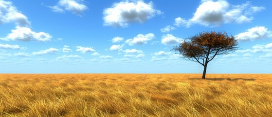   A solitary tree stands in the midst of a wheat field, surrounded by blue sky and dotted with puffy white clouds