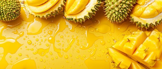   A collection of fruits atop a sunlit, yellowed liquid tabletop, adorned with water droplets