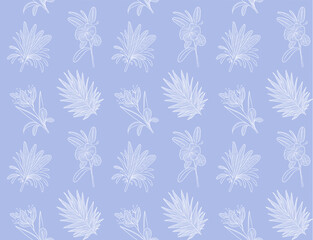 A seamless pattern featuring delicate white line-art of tropical flowers and leaves on a soft blue background, perfect for textiles or wallpapers