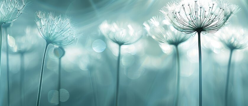   A tight shot of several dandelions in a meadow against a softly blurred backdrop of the sky