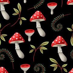 Seamless autumn pattern with mushrooms and fern. Vector.