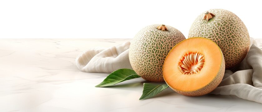   A cantaloupe halved on a table, nearby lies a leafy green fruit