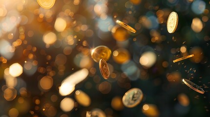 Gold coins in flight on a blurred background, Generative AI.