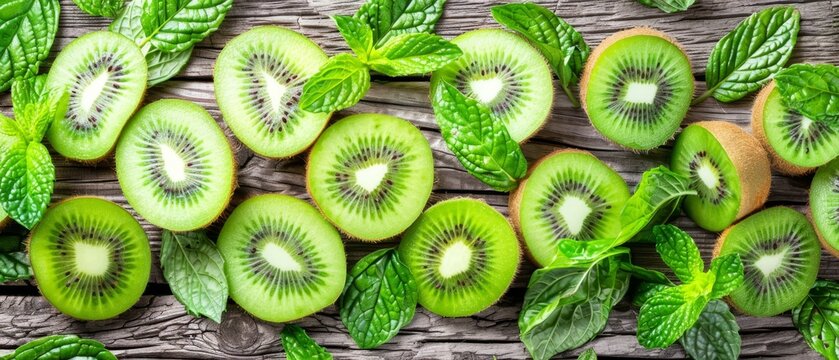   Kiwi slices with mint leaves on a wooden table, top view - flat lay stock image..Or, if you prefer to maintain the original phrasing but make it more