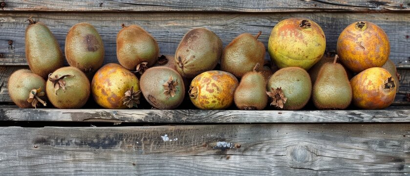   A wooden table holds a mound of ripe fruit Nearby, a weathered plank wall with peeling paint adds texture