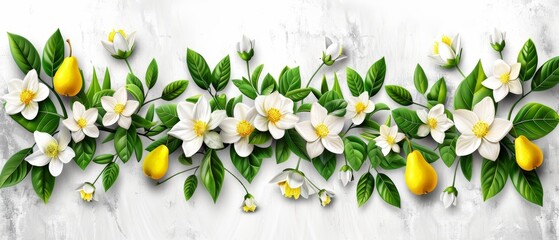   A painting of yellow flowers and lemons against a white backdrop with green leaves