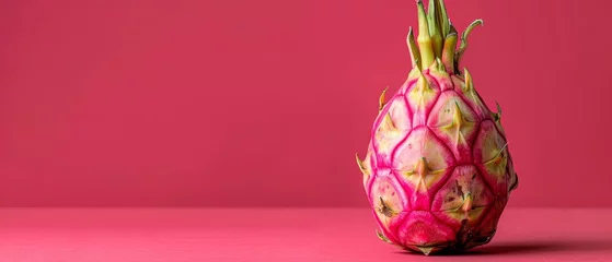 Deurstickers   A pineapple atop a pink backdrop, its green stem projecting from the fruit's uppermost part © Jevjenijs