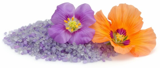  Two orange and purple flowers sit atop a mound of intermixed purple and orange beads against a white background