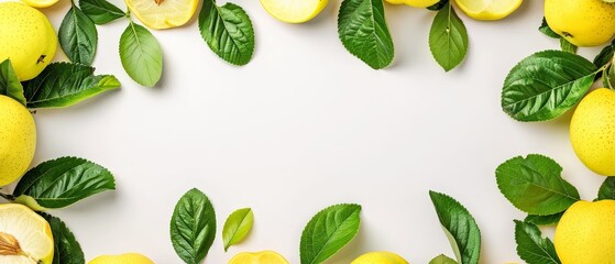   Group of lemons with green leaves on a pristine white backdrop Text or image insertion area