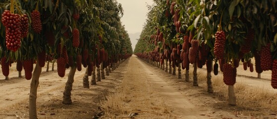   A dirt road flanked by trees bearing abundant red fruit on either side
