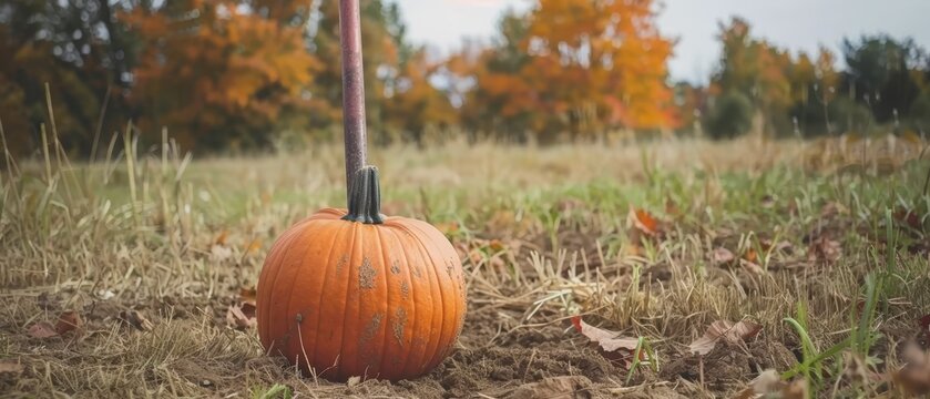   A pumpkin stands solitarily in the field, a stalk emerging from its peak