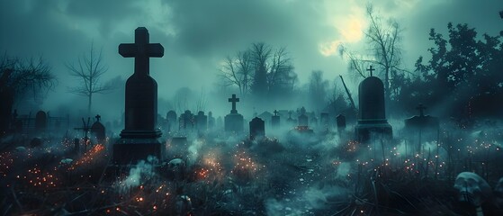 Eerie Twilight Serenity in a Misty Cemetery. Concept Gothic Setting, Moody Atmosphere, Mysterious Shadows, Haunting Silence - obrazy, fototapety, plakaty