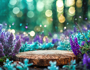 Wooden podium for products promotion. Platform in the forest among purple and turquoise plants and flowers. Fairy and fantasy world with blurred and sparkling background. 